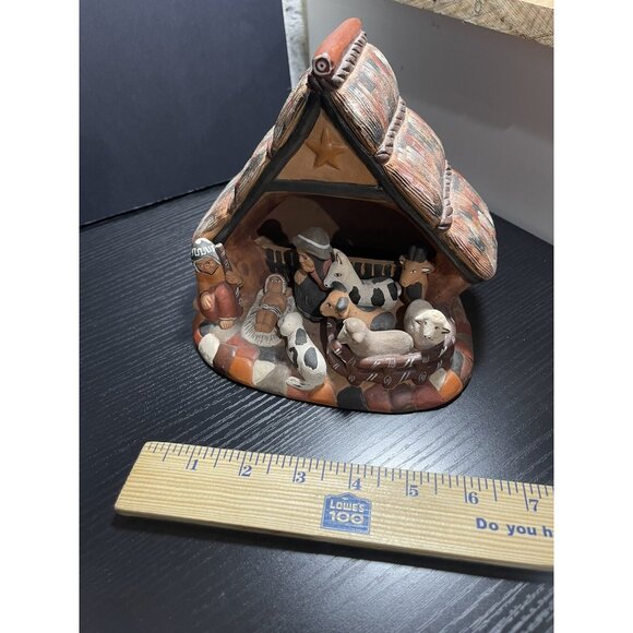 Handcrafted Clay Nativity Scene with Rustic Hut & Animals Hand-Painted Details A - Picture 2 of 9